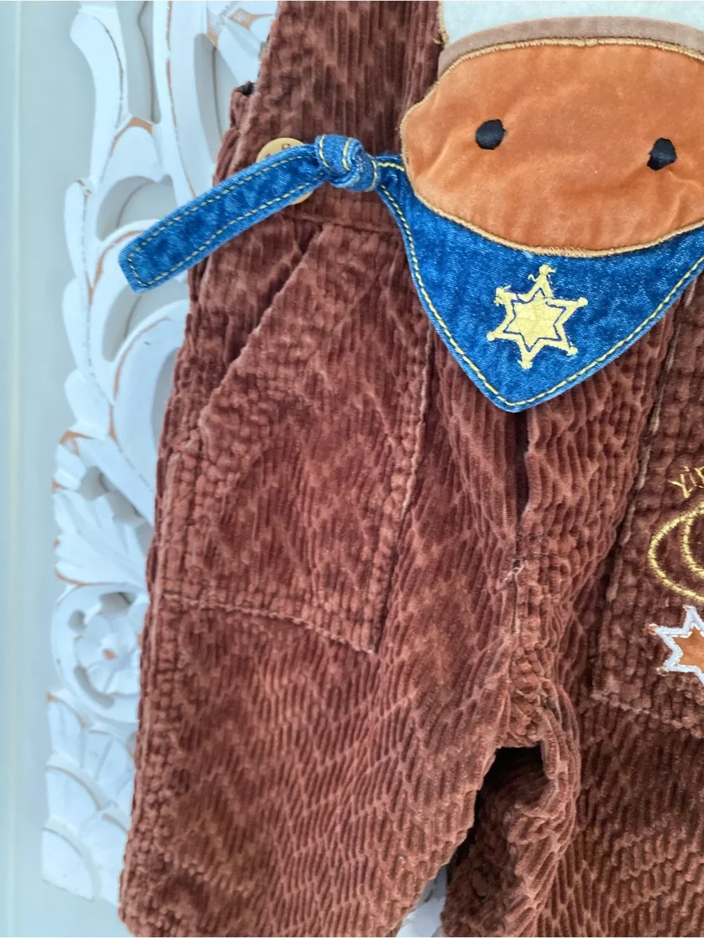 Vintage Baby 3-6 Months Brown Corduroy Western Cowboy Horse Overalls VTG